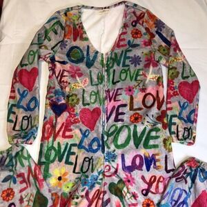 Natural Life XS Love Hearts Flowers Fleece Pajama Jumpsuit Footless Hippie Boho